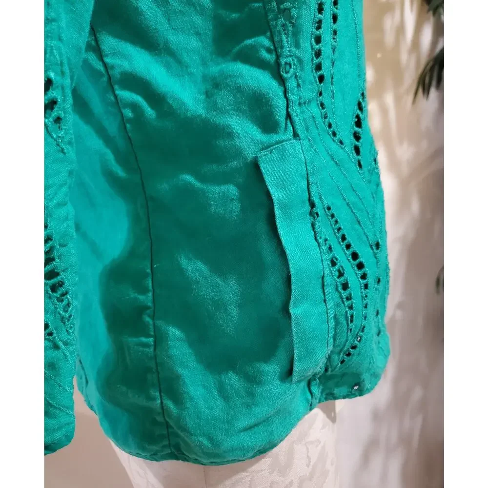 Chicos Eyelet Linen Zip Jacket Womens Size 0 US S 4 Green Natural Coastal Lace - Picture 7 of 13